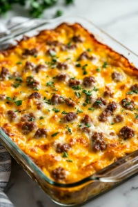 A close-up shot of a freshly baked golden-brown sausage breakfast casserole resting on the white marble cooktop. The melted cheese is bubbly, the edges are slightly crisp, and the casserole is perfectly set, ready to be sliced and served for a delicious Christmas breakfast.