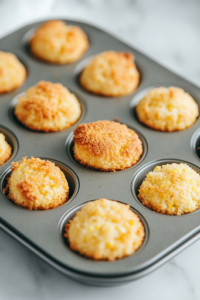 A close-up shot of freshly baked golden-brown Sweet Cornbread Poppers still in the mini muffin tin on the white marble cooktop. A toothpick inserted into one of the poppers comes out clean, confirming they are perfectly baked.