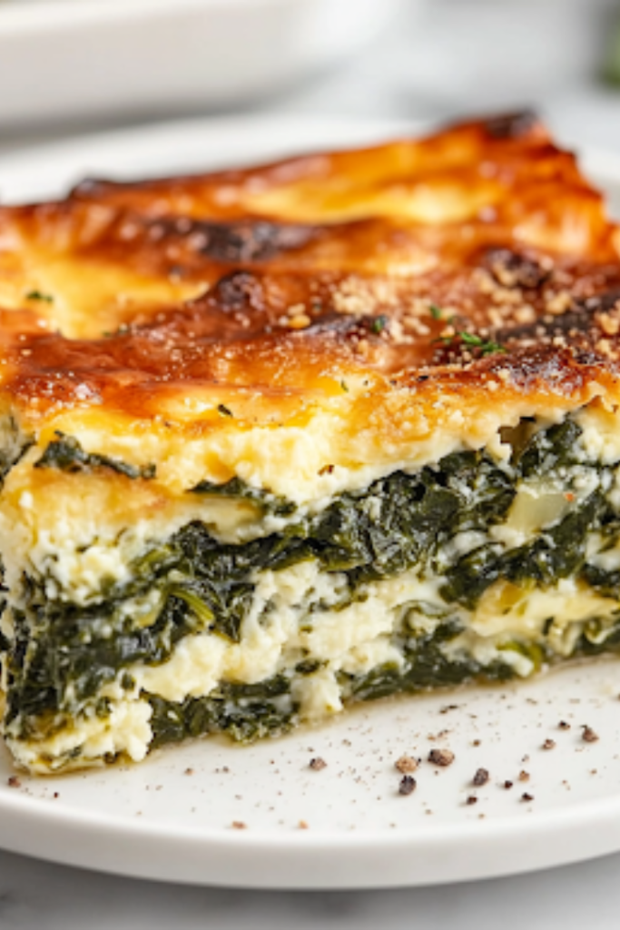 A close-up shot of the freshly baked spinach and cottage cheese egg bake resting on the white marble cooktop. A metal spatula lifts a warm, cheesy slice from the dish, revealing its fluffy texture and layers of spinach and melted Parmesan.