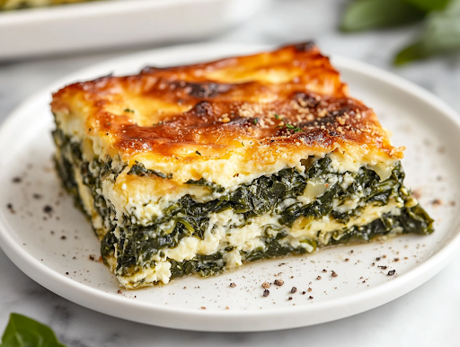 A close-up shot of the freshly baked spinach and cottage cheese egg bake resting on the white marble cooktop. A metal spatula lifts a warm, cheesy slice from the dish, revealing its fluffy texture and layers of spinach and melted Parmesan.