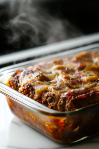A close-up shot of the baked meatloaf layer resting in the glass baking dish on the white marble cooktop. The top is slightly browned, and steam is rising, indicating it has just come out of the oven, ready for the next delicious layer.