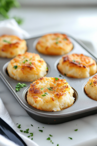 A close-up of a muffin tin on a white marble cooktop, fresh out of the oven. Crispy, golden potato bites are cooling for a few minutes before being removed. A spatula rests nearby, ready for serving.