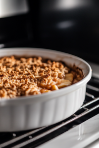 A mid-range shot of the apple crisp inside a hot oven. The crumble topping is turning golden brown, and the apple filling is bubbling around the edges. The warm glow from the oven adds a cozy, homemade feel.