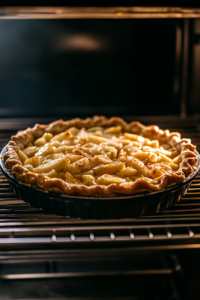 A mid-range shot of the assembled Dutch apple pie placed inside a hot oven. The heat radiates from the interior as the crumb topping starts to crisp, and the apple filling begins to bubble around the edges.