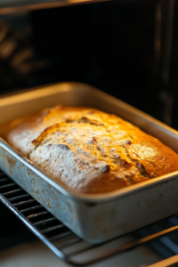 A close-up shot of the loaf pan inside the oven, where the bread is baking to a golden brown. The top is rising beautifully, and a crisp crust is forming, releasing a warm, inviting aroma throughout the kitchen.