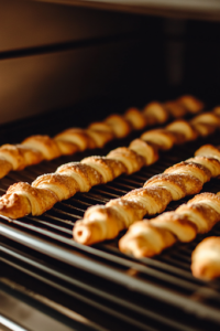 A close-up of an oven rack, capturing golden-brown cinnamon sugar crescent twists baking on a parchment-lined sheet. The edges are crisping, and the cinnamon filling slightly caramelizes, creating a glossy, aromatic finish.