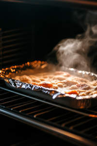 An oven interior glows warmly as a covered baking dish sits inside, baking at 375°F. The foil traps the heat, and light steam rises, ensuring the Buffalo chicken lasagna cooks evenly to perfection.