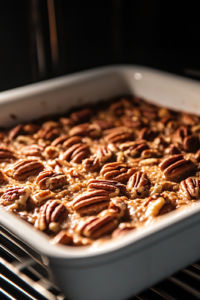 A close-up view of the baking dish inside the oven, where the Sweet Alabama Pecan Bread is baking to a golden brown. The batter rises slightly, and the pecans on top become toasted, filling the oven with a warm, nutty aroma.