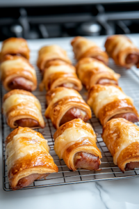 A close-up of an oven rack, showing pigs in a blanket baking on a parchment-lined sheet. The biscuit dough is puffing up, turning a golden-brown color, while the cheese inside starts to melt.