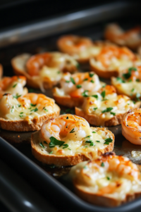 A baking sheet inside an oven set at 375°F, with shrimp and cheese mixture bubbling and turning golden as it melts onto the crisp baguette slices, creating a deliciously toasted texture.