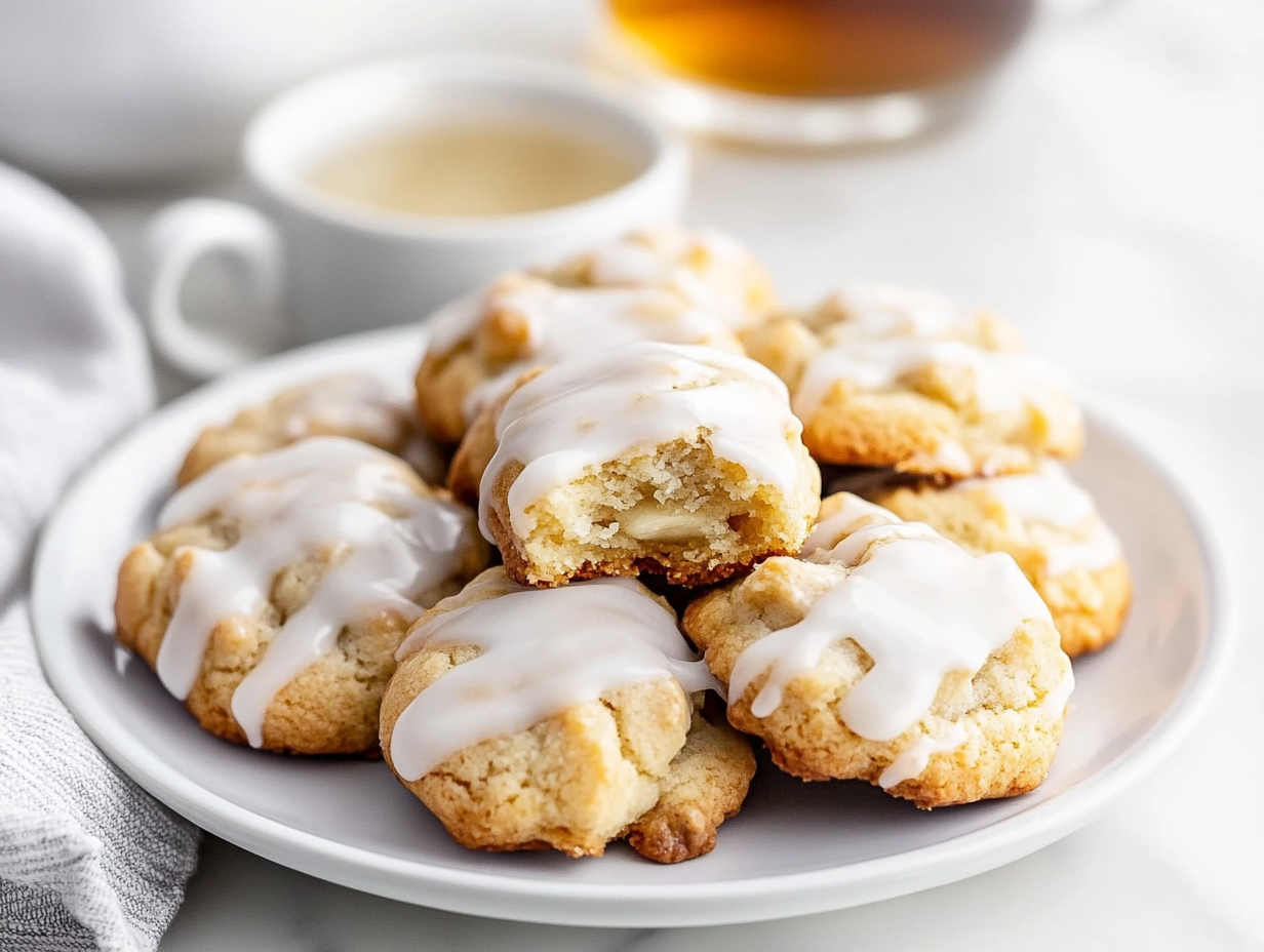 A plate of banana cookies with vanilla glaze, beautifully arranged with a bite taken from one cookie to reveal its soft, moist texture. A small dish of extra glaze and a cup of tea sit in the background.