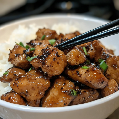 Final plated dish: a bowl of black pepper chicken stir-fry, garnished with extra black pepper, with a side of steamed white rice. A pair of chopsticks lifts a bite-sized piece of chicken, capturing its glistening, flavorful coating.