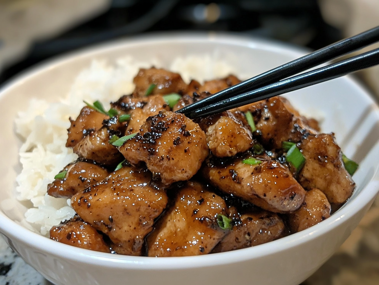 Final plated dish: a bowl of black pepper chicken stir-fry, garnished with extra black pepper, with a side of steamed white rice. A pair of chopsticks lifts a bite-sized piece of chicken, capturing its glistening, flavorful coating.