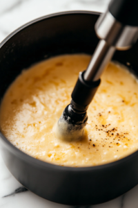 A close-up shot of an immersion blender blending the soup directly inside the black pot on a white marble cooktop. The mixture transforms into a creamy and smooth consistency, developing a rich golden color.
