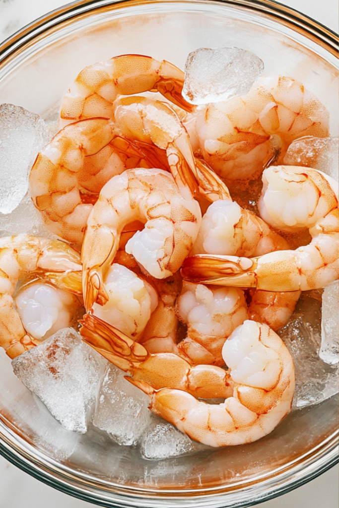 A close-up shot of the cooked shrimp resting in a glass bowl of cold water over the white marble cooktop. Ice cubes float around them as they cool down, ready to be served.