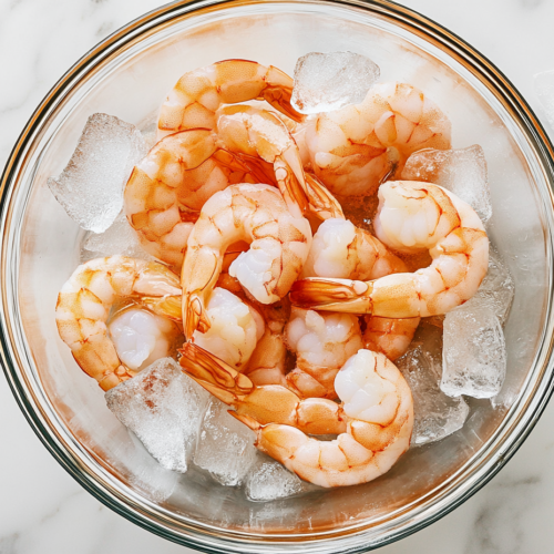 A close-up shot of the cooked shrimp resting in a glass bowl of cold water over the white marble cooktop. Ice cubes float around them as they cool down, ready to be served.