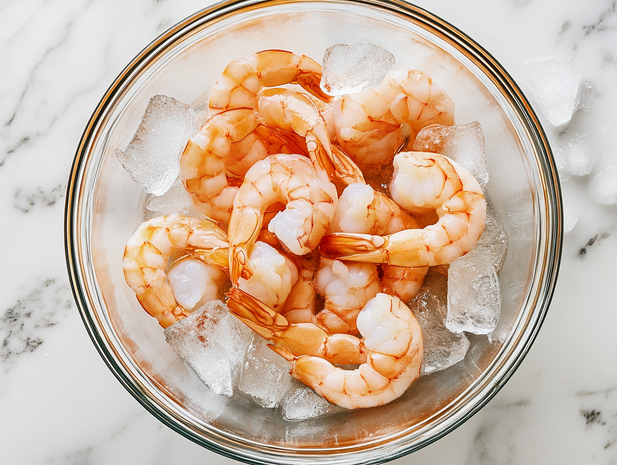 A close-up shot of the cooked shrimp resting in a glass bowl of cold water over the white marble cooktop. Ice cubes float around them as they cool down, ready to be served.