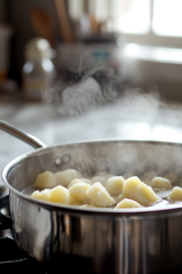 A close-up of a stainless steel pot on a white marble cooktop, filled with peeled and diced russet potatoes boiling in salted water. Steam rises from the bubbling water, and a slotted spoon rests on the side, ready to check for doneness.