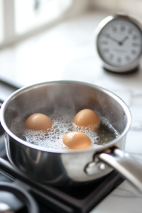 A close-up of a small saucepan on a white marble cooktop, with eggs boiling in water. The eggs are partially submerged, with tiny bubbles forming around them as they cook. A kitchen timer is set nearby to ensure perfect boiling time.