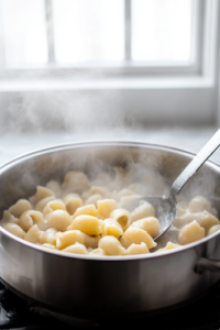 A stainless steel pot on a white marble cooktop filled with boiling water, where jumbo pasta shells are cooking until al dente. Steam rises as a slotted spoon gently stirs the shells, ensuring even cooking.