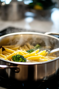 A large stainless steel pot on a white marble cooktop, filled with boiling salted water and penne pasta. In the last two minutes, vibrant green broccoli florets are added, steaming slightly. A slotted spoon rests on the side, ready to drain the ingredients.