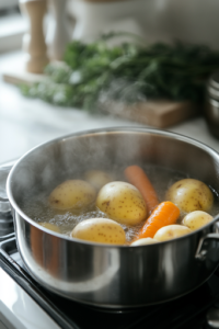 A close-up shot of a stainless steel pot on the white marble cooktop, filled with boiling water. Whole potatoes, carrots, and eggs are fully submerged, cooking until tender. Steam rises from the pot, indicating the ingredients are nearly ready for preparation.