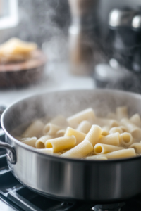 A stainless steel pot on a white marble cooktop filled with boiling salted water and mezzi rigatoni pasta. Steam rises as the pasta cooks to al dente perfection, gently swirling in the bubbling water.