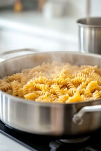 A close-up shot of a large stainless steel pot on a white marble cooktop, filled with boiling water and uncooked rotini pasta. Steam rises as the pasta cooks to al dente, while a measuring cup is placed nearby to reserve pasta water for the Chicken Pasta with Creamy Ranch Sauce.