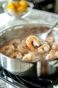 A stainless steel pot filled with boiling salted water on a white marble cooktop. A slotted spoon is lowering medium shrimp into the pot, with steam rising as the shrimp begin to cook.