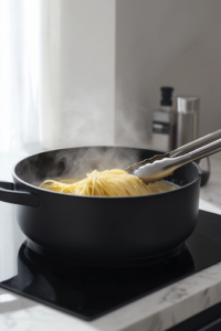 A black pot on a white marble cooktop where uncooked spaghetti simmers in boiling water. Steam rises as the pasta softens, while a pair of tongs is positioned to stir, ensuring even cooking.