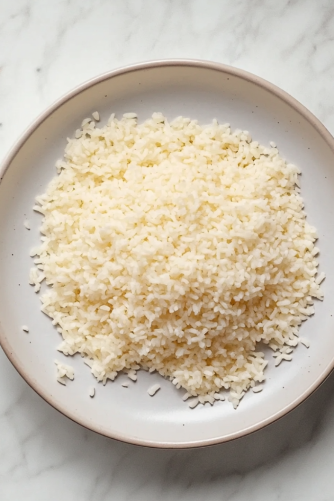 A black saucepan on a white marble cooktop, with fluffing the perfectly cooked Bomba rice. The grains appear light and ready to be served.