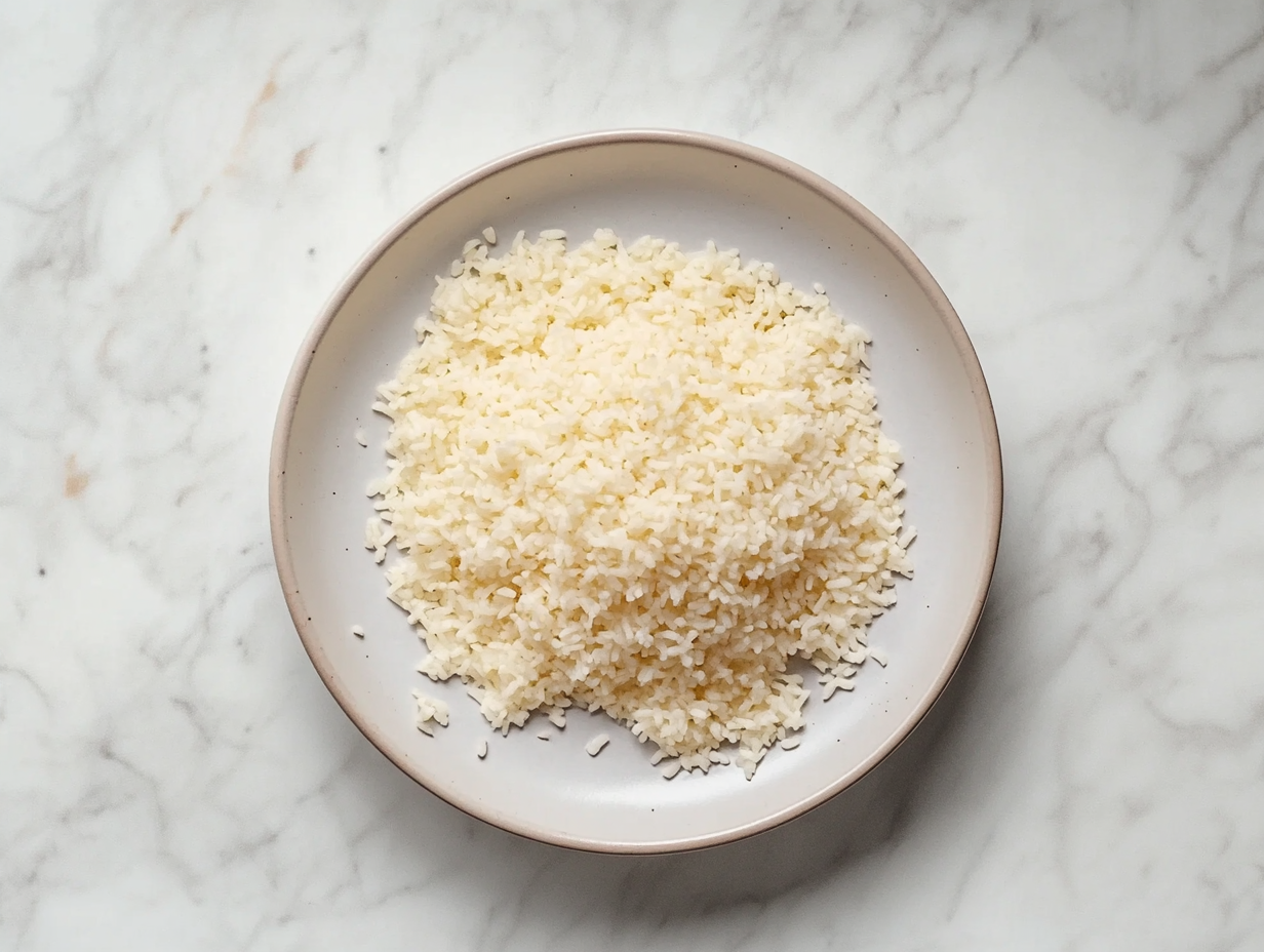 A black saucepan on a white marble cooktop, with fluffing the perfectly cooked Bomba rice. The grains appear light and ready to be served.