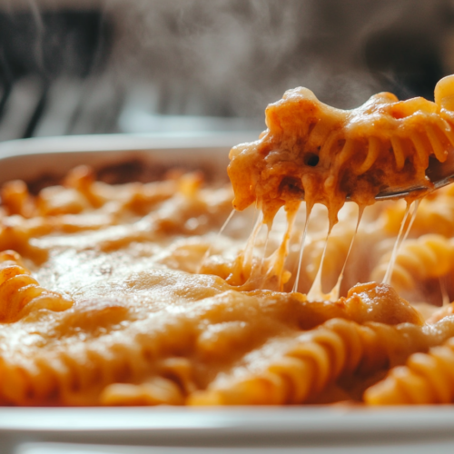 Close-up of the freshly baked cheesy rotini dish resting on a white marble cooktop. A spoon lifts a portion, revealing gooey, melted cheese stretching between the pasta. Steam rises, making it irresistible.