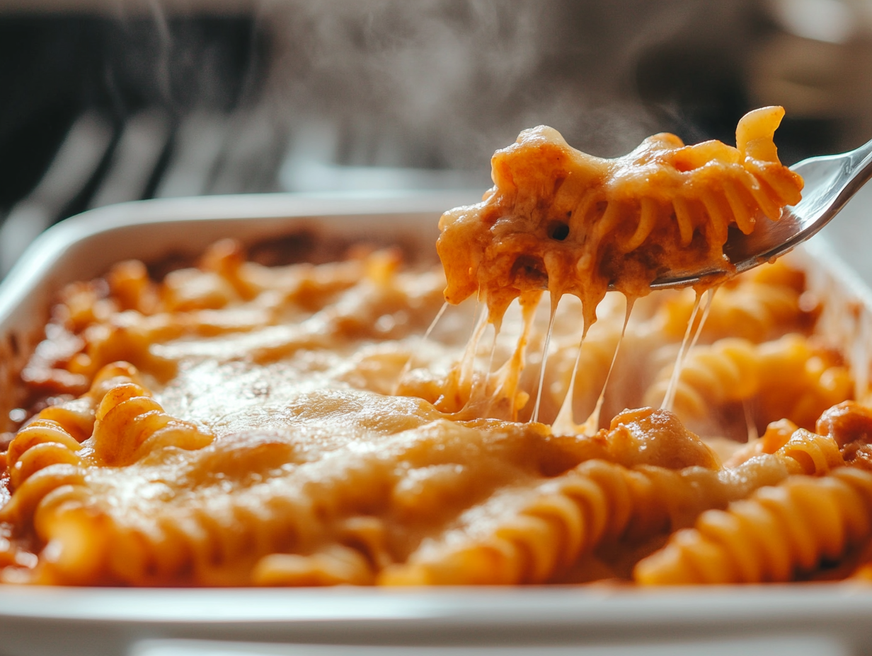 Close-up of the freshly baked cheesy rotini dish resting on a white marble cooktop. A spoon lifts a portion, revealing gooey, melted cheese stretching between the pasta. Steam rises, making it irresistible.