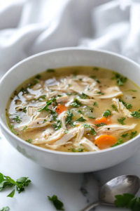A close-up shot of a steaming bowl of chicken soup with lemon and spices on a white marble cooktop. The dish is garnished with fresh herbs, adding a pop of color and aroma. A spoon rests beside the bowl, ready for a comforting meal