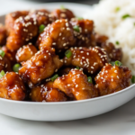 A white serving dish on a white marble cooktop with crispy honey sesame chicken, garnished with toasted sesame seeds and freshly chopped spring onions. A bowl of fluffy steamed rice sits beside the dish, completing the meal.