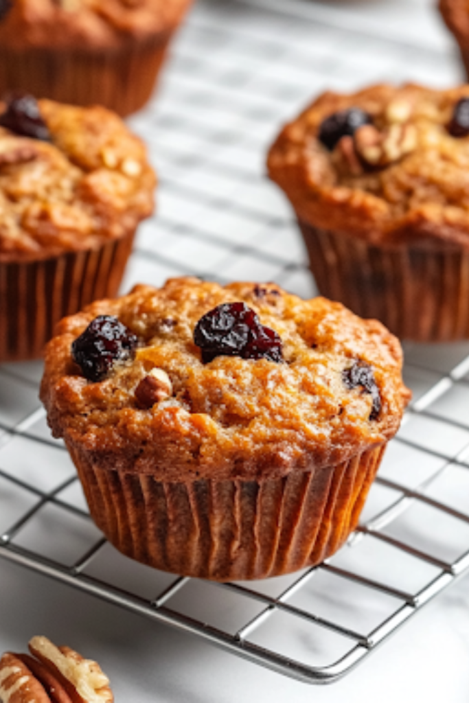 A close-up of muffins cooling on a wire rack over a white marble cooktop, with one muffin cut in half to reveal its moist, fluffy interior. A few scattered pecans and dried cherries add texture, making the muffins look even more delicious.