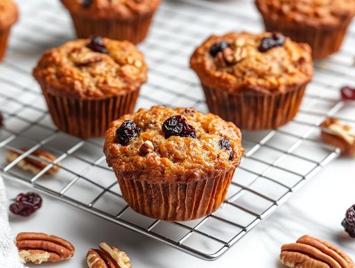 A close-up of muffins cooling on a wire rack over a white marble cooktop, with one muffin cut in half to reveal its moist, fluffy interior. A few scattered pecans and dried cherries add texture, making the muffins look even more delicious.