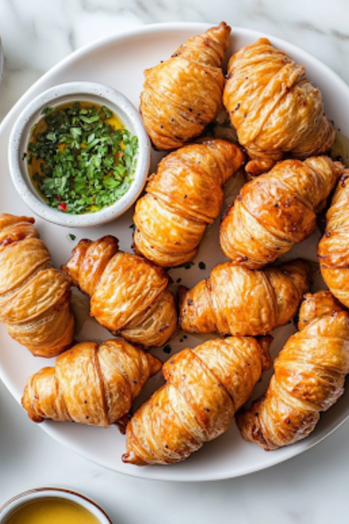 A close-up of a serving platter on a white marble cooktop, with golden pigs in a blanket arranged in a circular pattern. Small bowls of maple syrup, mustard, and other dipping sauces sit beside them, ready for dipping and enjoying.