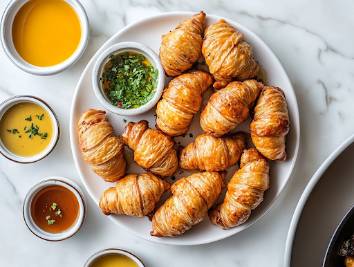 A close-up of a serving platter on a white marble cooktop, with golden pigs in a blanket arranged in a circular pattern. Small bowls of maple syrup, mustard, and other dipping sauces sit beside them, ready for dipping and enjoying.