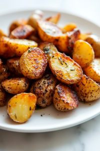 A close-up shot of a plate of crispy roasted Yukon Gold potatoes served alongside fluffy scrambled eggs and buttered toast. The potatoes have a crispy golden-brown outer layer and a soft, fluffy inside. A fork is poised, ready to take the first delicious bite.