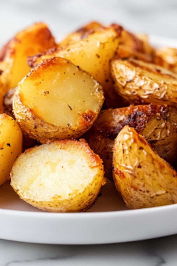 A close-up shot of a plate of crispy roasted Yukon Gold potatoes served alongside fluffy scrambled eggs and buttered toast. The potatoes have a crispy golden-brown outer layer and a soft, fluffy inside. A fork is poised, ready to take the first delicious bite.