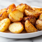 A close-up shot of a plate of crispy roasted Yukon Gold potatoes served alongside fluffy scrambled eggs and buttered toast. The potatoes have a crispy golden-brown outer layer and a soft, fluffy inside. A fork is poised, ready to take the first delicious bite.