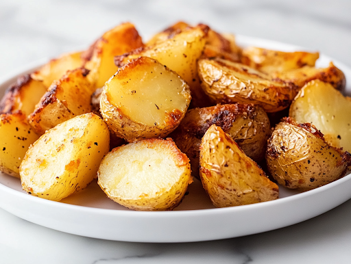 A close-up shot of a plate of crispy roasted Yukon Gold potatoes served alongside fluffy scrambled eggs and buttered toast. The potatoes have a crispy golden-brown outer layer and a soft, fluffy inside. A fork is poised, ready to take the first delicious bite.