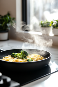 A close-up shot of the black skillet on a white marble cooktop, as fresh, bright green broccoli florets are added to the pasta. The steam rises gently, softening the broccoli while it blends into the dish for a vibrant touch
