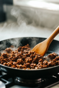A close-up shot of a black skillet on the white marble cooktop, filled with ground meat sizzling as it browns over medium heat. A wooden spatula stirs the crumbles while steam rises, releasing a rich, savory aroma that fills the kitchen.