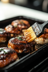 A close-up shot of a pastry brush generously coating the tops of the sliders with the melted butter mixture. The glossy sauce seeps into the bread, ensuring a golden, flavorful crust after baking. The black baking dish sits on the white marble cooktop, ready to go into the oven.