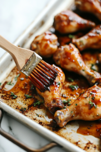 A close-up shot of the baking sheet on a white marble cooktop, where a pastry brush hovers over the chicken drumsticks, adding an extra layer of the rich, sticky glaze. The sauce glistens under the light, enhancing the deep golden color of the chicken.