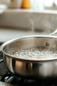 A close-up shot of the bubbling sugar mixture in a stainless steel saucepan on a white marble cooktop. A candy thermometer clipped to the side shows the temperature rising as the mixture nears 300°F, reaching the perfect stage for coating apples.