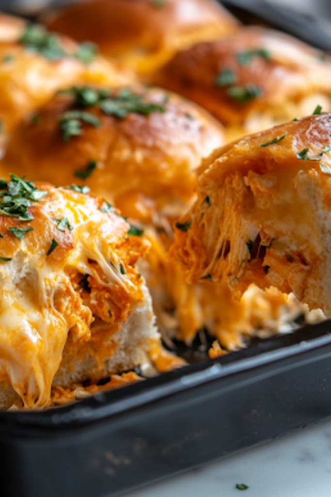 A close-up shot of the freshly baked buffalo chicken sliders in a black baking dish on the white marble cooktop. The golden-brown tops glisten, and gooey melted cheese oozes between the layers. A spatula lifts one slider, revealing the delicious, spicy filling inside.